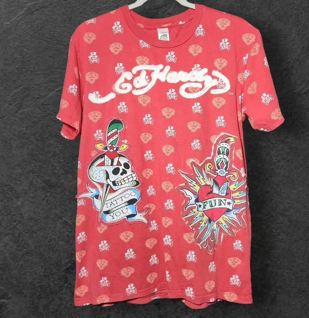 Ed Hardy Red Skull Heart Dagge Red T-Shirt Embroidered Christian Audigier Sz L